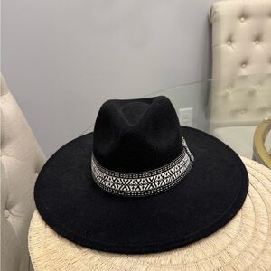 Black Wide-Brim Hat with Patterned Band